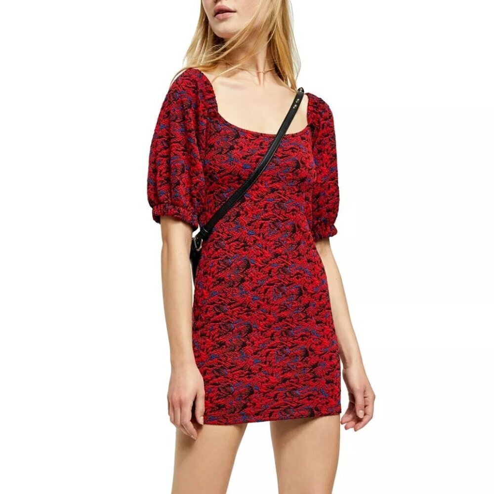 Free People Sunset Mini Dress Red Floral Puff Sleeve Size M OB1037978